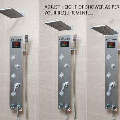 X-XONIER Stainless Steel 304 Grade Shower Panel 6 in 1 Modern Tower System With Rainfall and Waterfall Shower Body Massage Spray SS Handheld Shower Temperature Display. (SILVER)