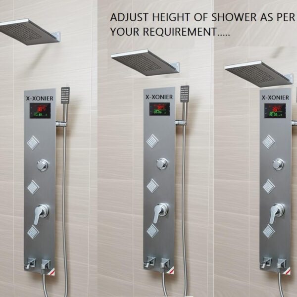 X-XONIER Stainless Steel 304 Grade Shower Panel 6 in 1 Modern Tower System With Rainfall and Waterfall Shower Body Massage Spray SS Handheld Shower Temperature Display. (SILVER)