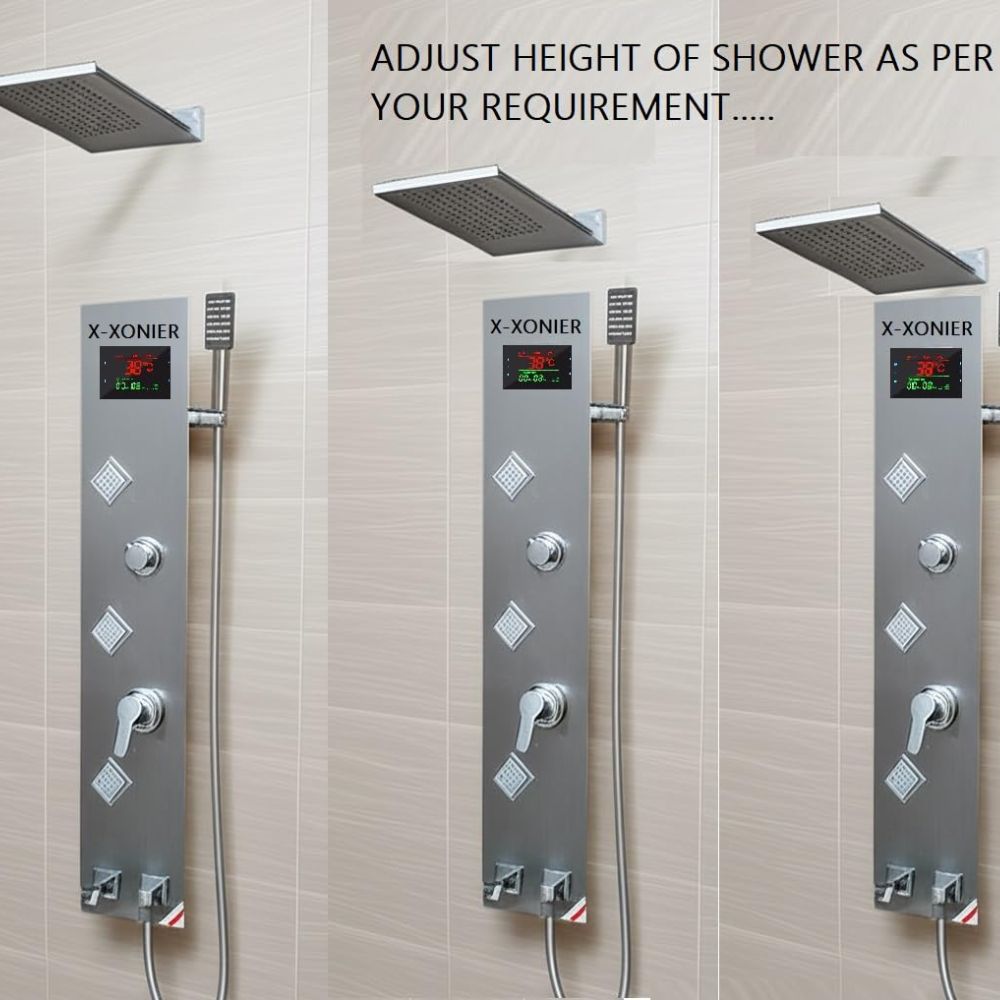 X-XONIER Stainless Steel 304 Grade Shower Panel 6 in 1 Modern Tower System With Rainfall and Waterfall Shower Body Massage Spray SS Handheld Shower Temperature Display. (SILVER)