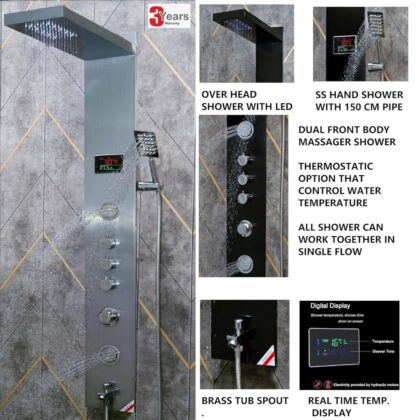 X-XONIER Stainless Steel 304 Grade 6 in 1 Shower Tower System With LED Rainfall Shower Body Massage Spray SS Handheld, Temperature Display, Easy Connect, Mirror Finish (Silver)