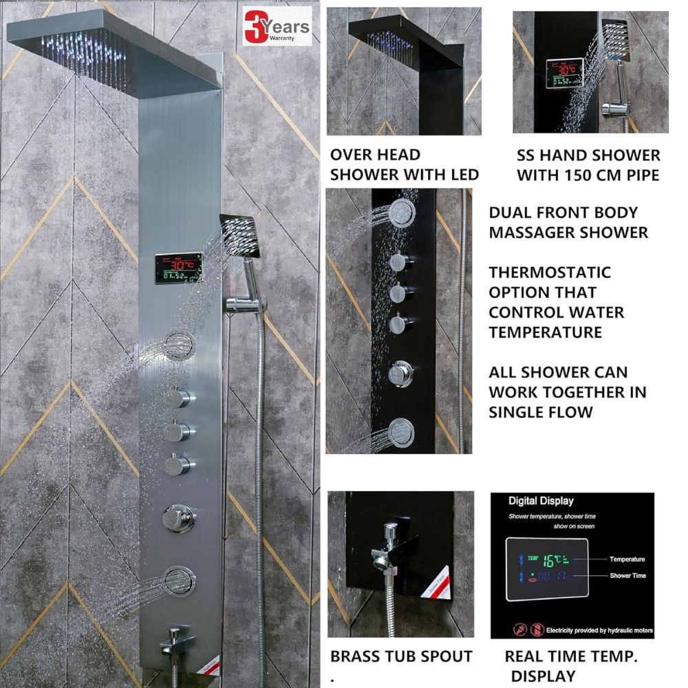 X-XONIER Stainless Steel 304 Grade 6 in 1 Shower Tower System With LED Rainfall Shower Body Massage Spray SS Handheld, Temperature Display, Easy Connect, Mirror Finish (Silver)