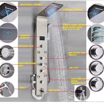 X-XONIER® Stainless Steel 304 Grade Thermostatic Shower Panel 7in1+3 Ways Extra Large HandShower set,Health Faucet With LED Rainfall, Waterfall, Body Massager, 6 Mist Spray Temp. Display (Silver)