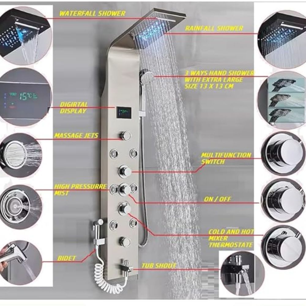 X-XONIER® Stainless Steel 304 Grade Thermostatic Shower Panel 7in1+3 Ways Extra Large HandShower set,Health Faucet With LED Rainfall, Waterfall, Body Massager, 6 Mist Spray Temp. Display (Silver)