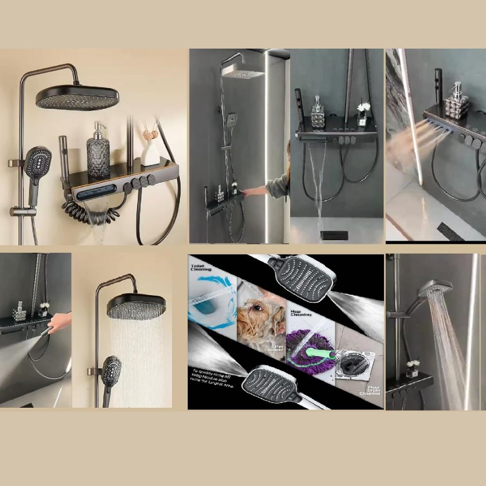 X-XONIER Luxury 5in1 Thermostatic Shower System,front Power Mist Spray,Large Overhead Shower+Extra Large13cm,4Ways Handheld,Hidden Tub Spout,1mode biget,Hot$Cold mixture Shower set shower panel (Gray)