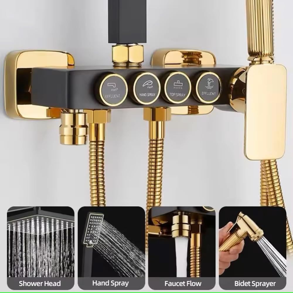 X-XONIER® Black and Gold Thermostatic Shower Panel System, 4-in-1 with Push Switches, Head Shower, Tub Spout, Handheld Bidet (Black Gold)