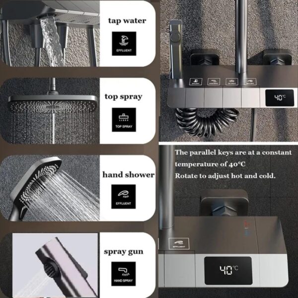 X-XONIER® Digital Thermostatic Brass Shower System, Wall Mount, 4-Function Digital Display with Overhead Rain Shower, 3 Ways Hand Shower, Body Jets, Hidden Tub Spout Hot & Cold Mixer, Grey