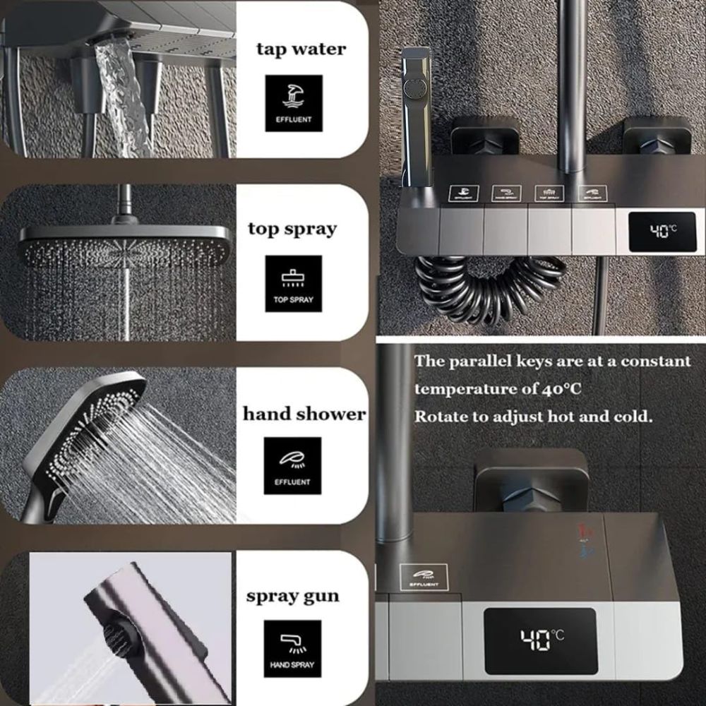 X-XONIER® Digital Thermostatic Brass Shower System, Wall Mount, 4-Function Digital Display with Overhead Rain Shower, 3 Ways Hand Shower, Body Jets, Hidden Tub Spout Hot & Cold Mixer, Grey