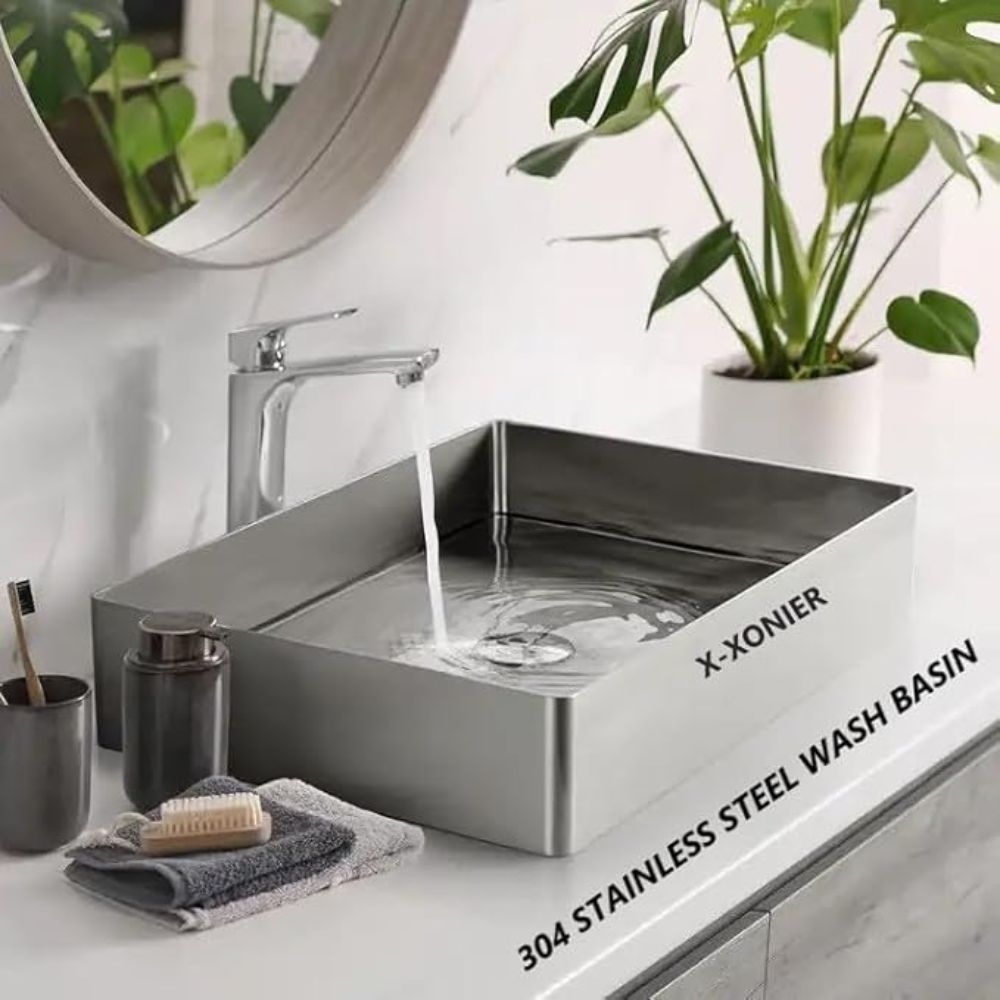 X-XONIER Stainless Steel Wash Basin Countertop Table top Bathroom Sink Washbasin Over Counter for Bathroom Resturent Living room Luxury Matt Silver