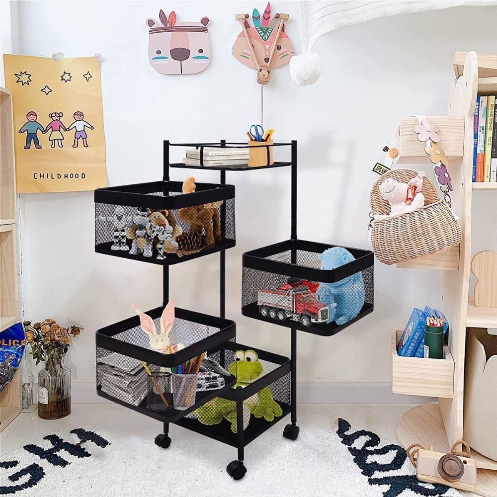 X-XONIER Rotating Kitchen Stand Trolley, Portable Storage Rack, Fruits and Vegetable Basket Organizer for Kitchen (Portable Storage Rack_4TRAY)