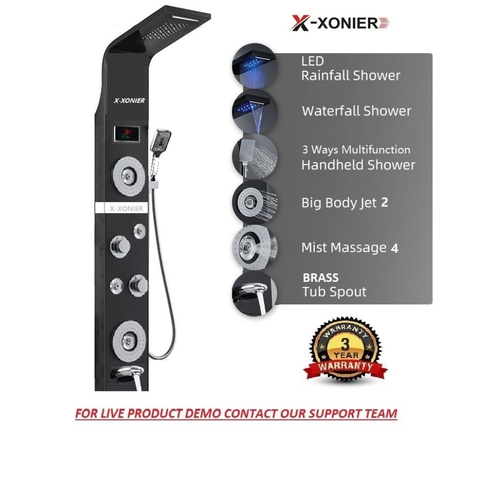 X-XONIER® Stainless Steel 304 Grade Shower Panel 6in1+ Extra Large 3Ways Hand Shower Tower System With LED Rainfall Waterfall Shower 2Body Massage 4Mist Spray Temperature Display Shower Panel.(Black) - Image 2