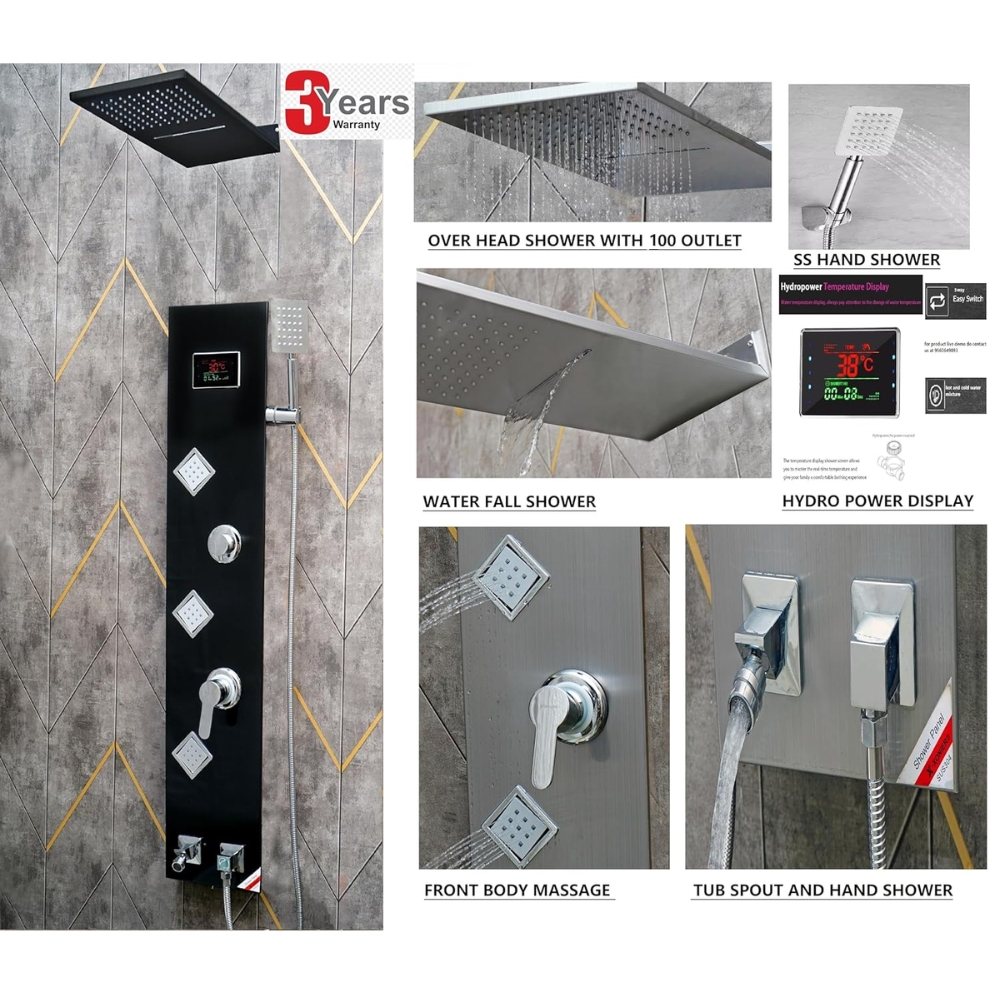 X-XONIER Stainless Steel 304 Grade Shower Panel 6 in 1 Modern Tower System With Rainfall and waterfall Shower Body Massage Spray SS Handheld Shower Temperature Display. (BLACK) - Image 2