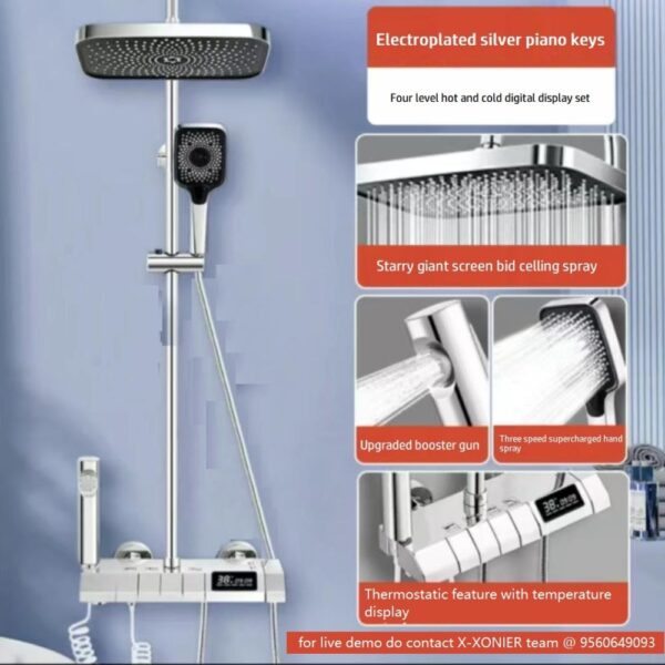 X-XONIER® Brass Wall Mount Thermostatic Shower Set digital display 4 function shower set Shower Mixer Hot & Cold Hand shower overhead Shower Jet Spray Showers For Bathroom - Image 4