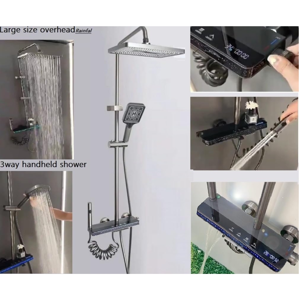 X-XONIER® Luxury thermostate Shower System, 4-in-1shower set with Large Overhead+3 Ways Hand Shower, 1 way biget gun and tub spout, Temperature Dispaly, Star Galaxy LED lights shower panel (grey) - Image 2