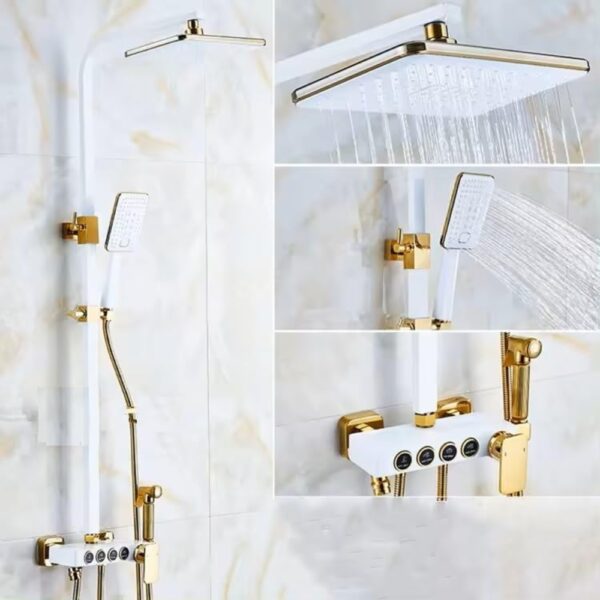 X-XONIER White and Gold Thermostatic Shower Panel System, 4-in-1 with Push Switches, Head Shower, Tub Spout, Handheld Bidet (white) - Image 2
