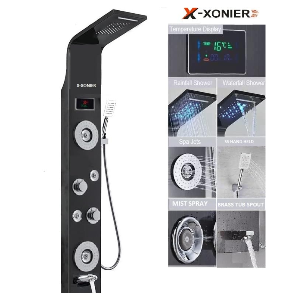 X-XONIER Stainless Steel 304 Grade Shower Panel 6in1 Tower System With LED Rainfall Shower Body Massage Spray SS Handheld Shower Temperature Display Easy Connect Shower Panel Mirror Finish Black - Image 2