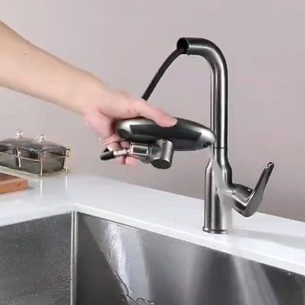 X-XONIER Waterfall 5 in 1 Pull Down Faucet 360° Rotating Single Handel Hot and Cold Mixer Long Neck for Sink Bathroom and Kitchen Black (Black)