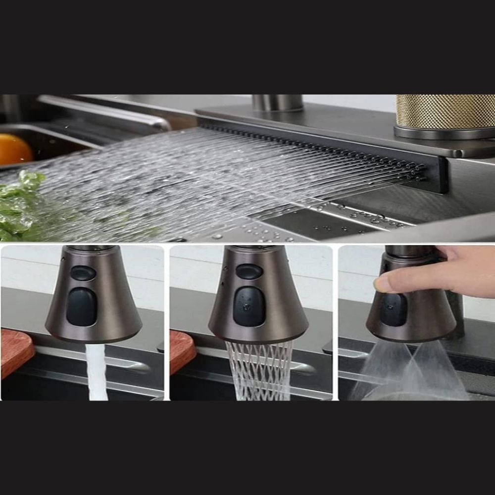 X-XONIER Kitchen Sink All In One 304 Grade Stainless Steel Multipurpose Multifunction 3 Mode Tap with Pullout Feature Glass Washer Soap Disp. Mini Sink Single Bowl Kitchen Sink (30x 20x 9)