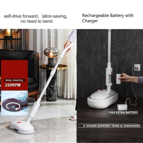 X-XONIER Plastic Smart Spin Electric Mop with Bucket & Dual Pad,Power Cleaning, Self Wash & Dry, Remote Operation, 360 Cleaning, Rechargeable & Replaceable Battery, Extra Pads Expendable Handle White