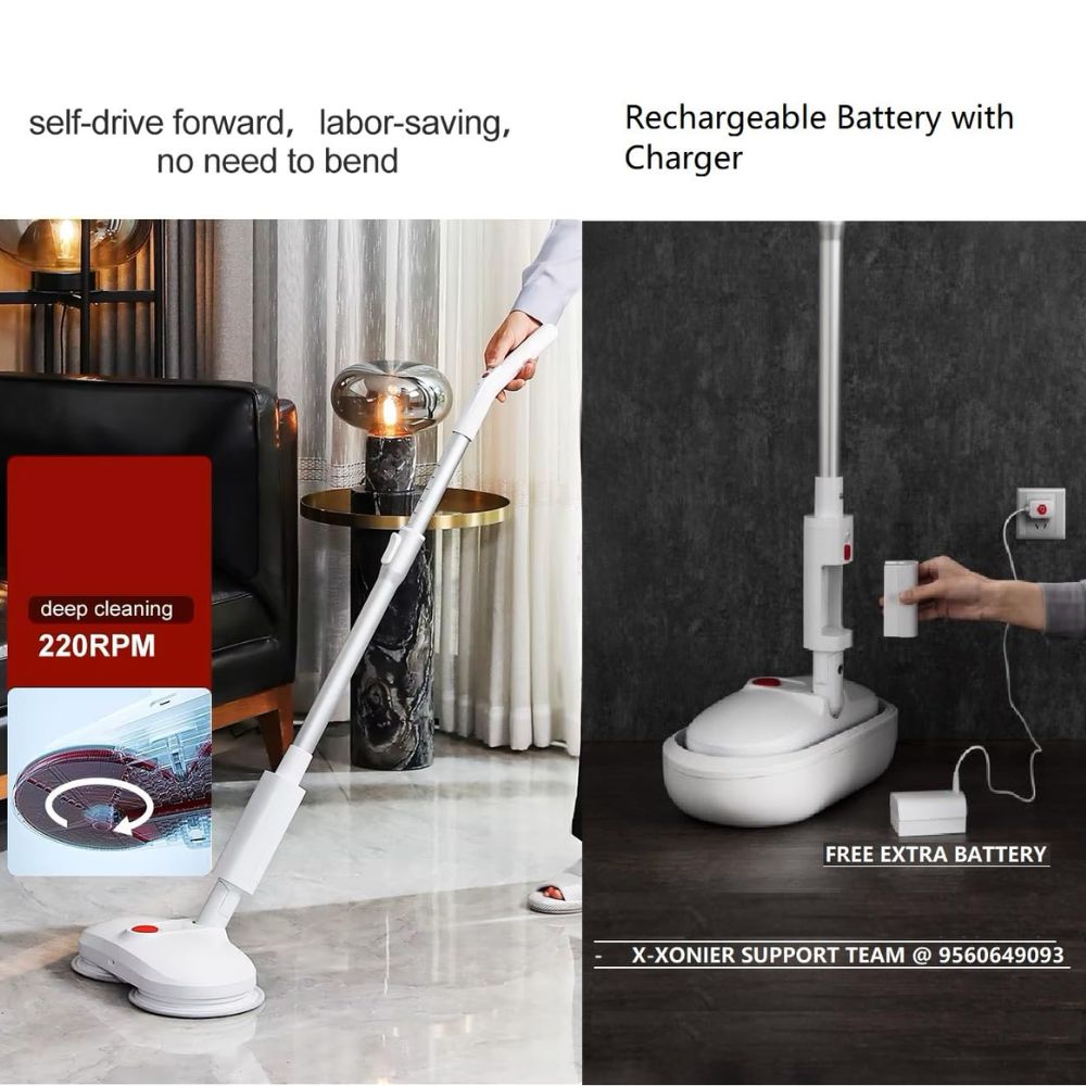 X-XONIER Plastic Smart Spin Electric Mop with Bucket & Dual Pad,Power Cleaning, Self Wash & Dry, Remote Operation, 360 Cleaning, Rechargeable & Replaceable Battery, Extra Pads Expendable Handle White