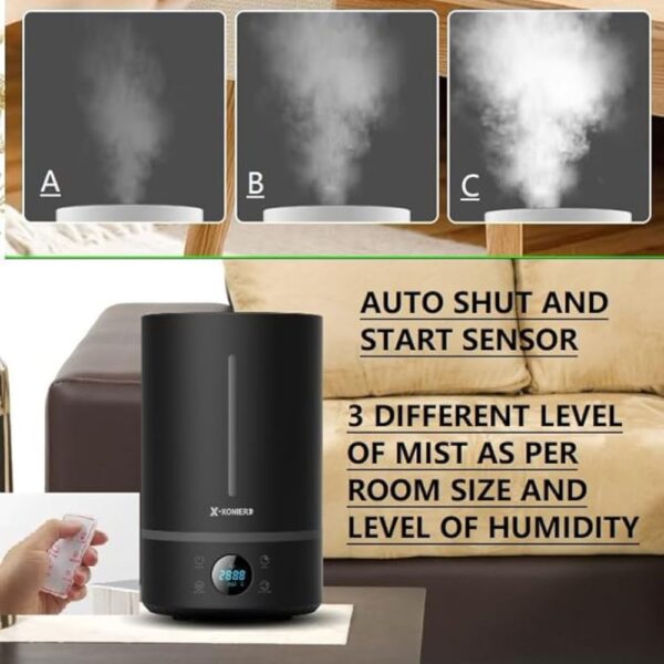 X-XONIER® Ultrasonic Cool Mist Humidifier, 7 Liters, Auto Sensor, Touch Panel Remote Control Mist 360°, Auto Shut Off & Start, Aroma Diffuser, Sleep Mode, Top Filling Elegand Black