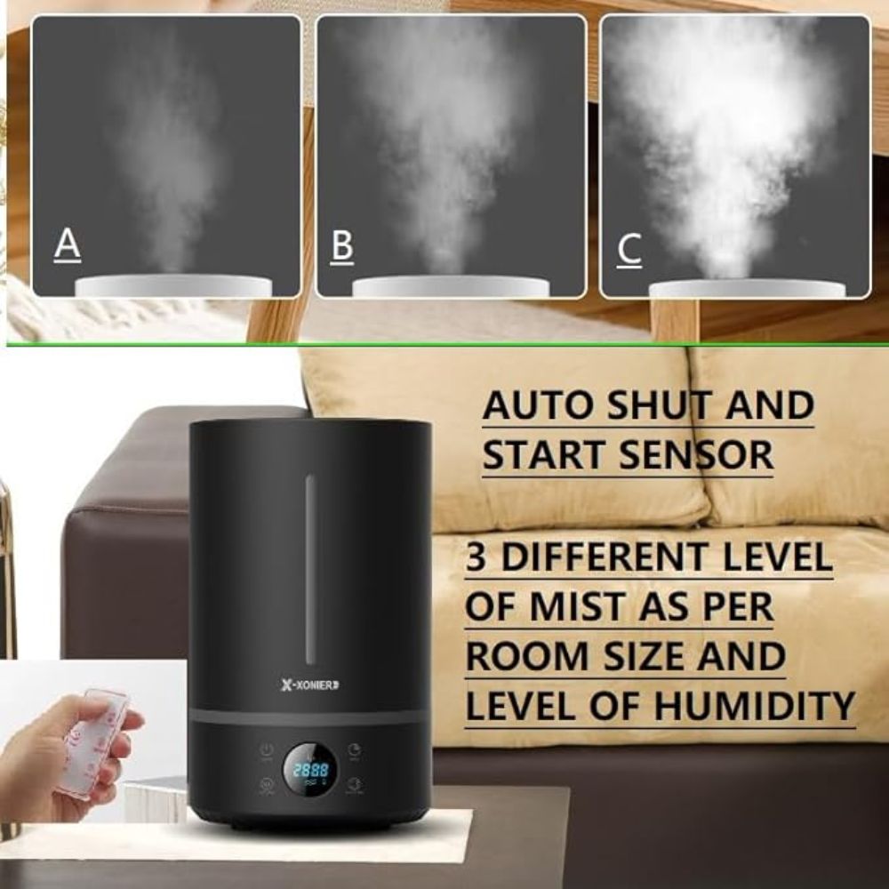 X-XONIER® Ultrasonic Cool Mist Humidifier, 7 Liters, Auto Sensor, Touch Panel Remote Control Mist 360°, Auto Shut Off & Start, Aroma Diffuser, Sleep Mode, Top Filling Elegand Black