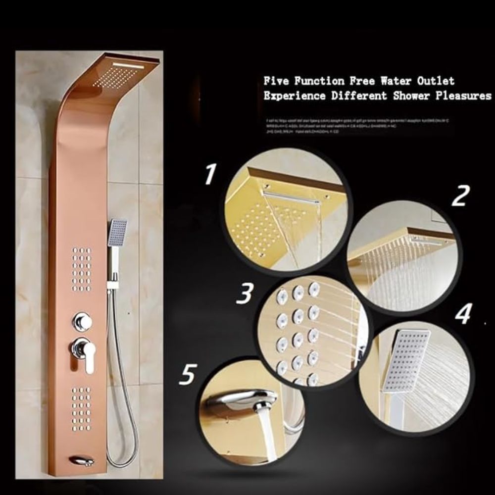 X-XONIER Stainless Steel 304 Grade Shower Panel 5 In 1 Tower System, Rainfall Shower, Body Massage Spray, Handheld, Wall Mount Easy Connect Multifunction Panel Kit, Mirror Finish. (Rose Gold)