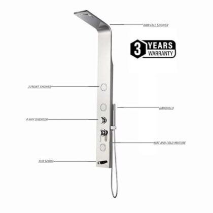 X-XONIER Stainless Steel 304 Grade Shower Panel 4-in-1 Tower System Rainfall Shower Body Massage Spray Handheld Shower Easy Connect Brushed Finish Silver