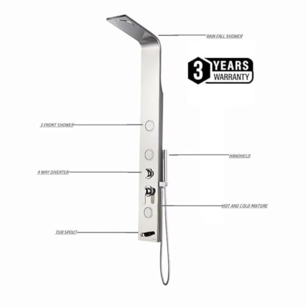 X-XONIER Stainless Steel 304 Grade Shower Panel 4-in-1 Tower System Rainfall Shower Body Massage Spray Handheld Shower Easy Connect Brushed Finish Silver