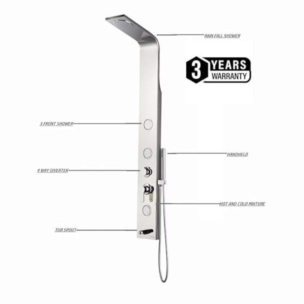 X-XONIER Stainless Steel 304 Grade Shower Panel 4-in-1 Tower System Rainfall Shower Body Massage Spray Handheld Shower Easy Connect Brushed Finish Silver