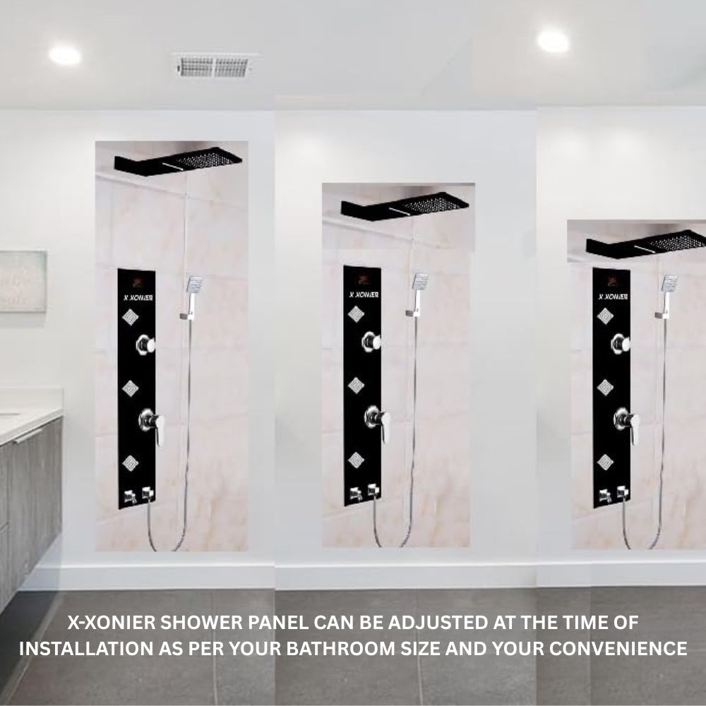 X-XONIER® Stainless Steel 304 Grade shower Panel 6 in 1 Tower System With Led Rainfall Shower Body Massage Spray SSHandheld shower Temperature Display.(Rose Gold)