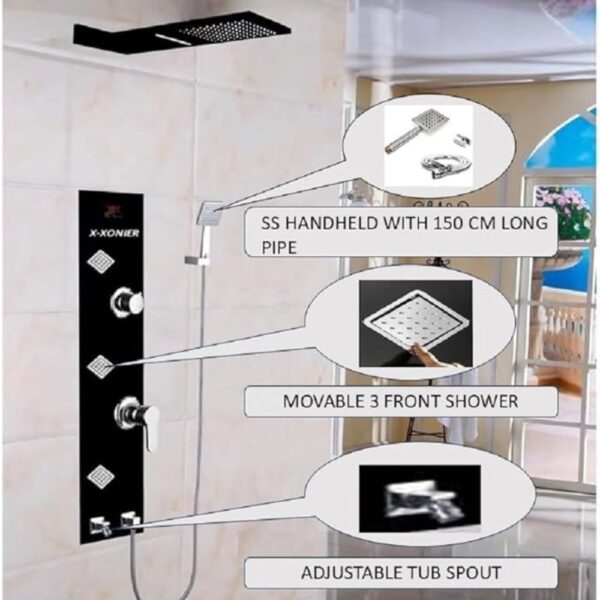 X-XONIER Stainless Steel 304 Grade Shower Panel 6 in 1 Modern Tower System With Rainfall and Waterfall Shower Body Massage Spray SS Handheld Shower Temperature Display. (SILVER)