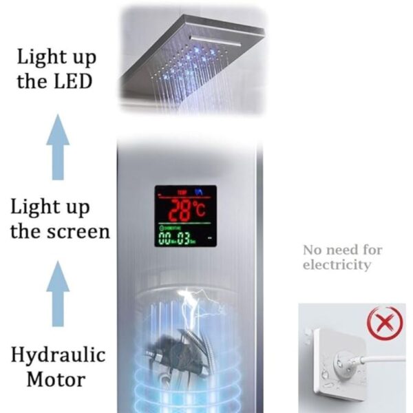 X-XONIER Stainless Steel 304 Grade 6 in 1 Shower Tower System With LED Rainfall Shower Body Massage Spray SS Handheld, Temperature Display, Easy Connect, Mirror Finish (Silver)