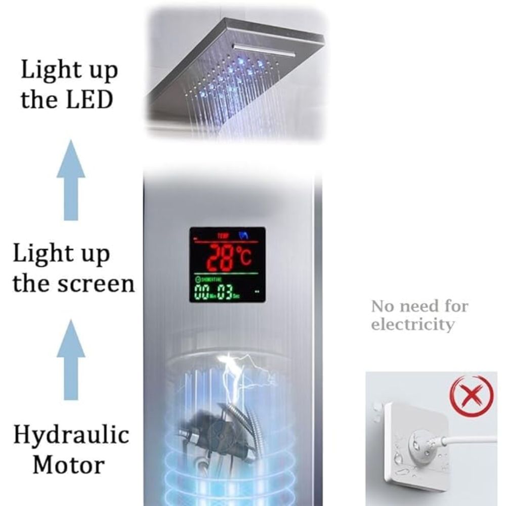 X-XONIER Stainless Steel 304 Grade 6 in 1 Shower Tower System With LED Rainfall Shower Body Massage Spray SS Handheld, Temperature Display, Easy Connect, Mirror Finish (Silver)