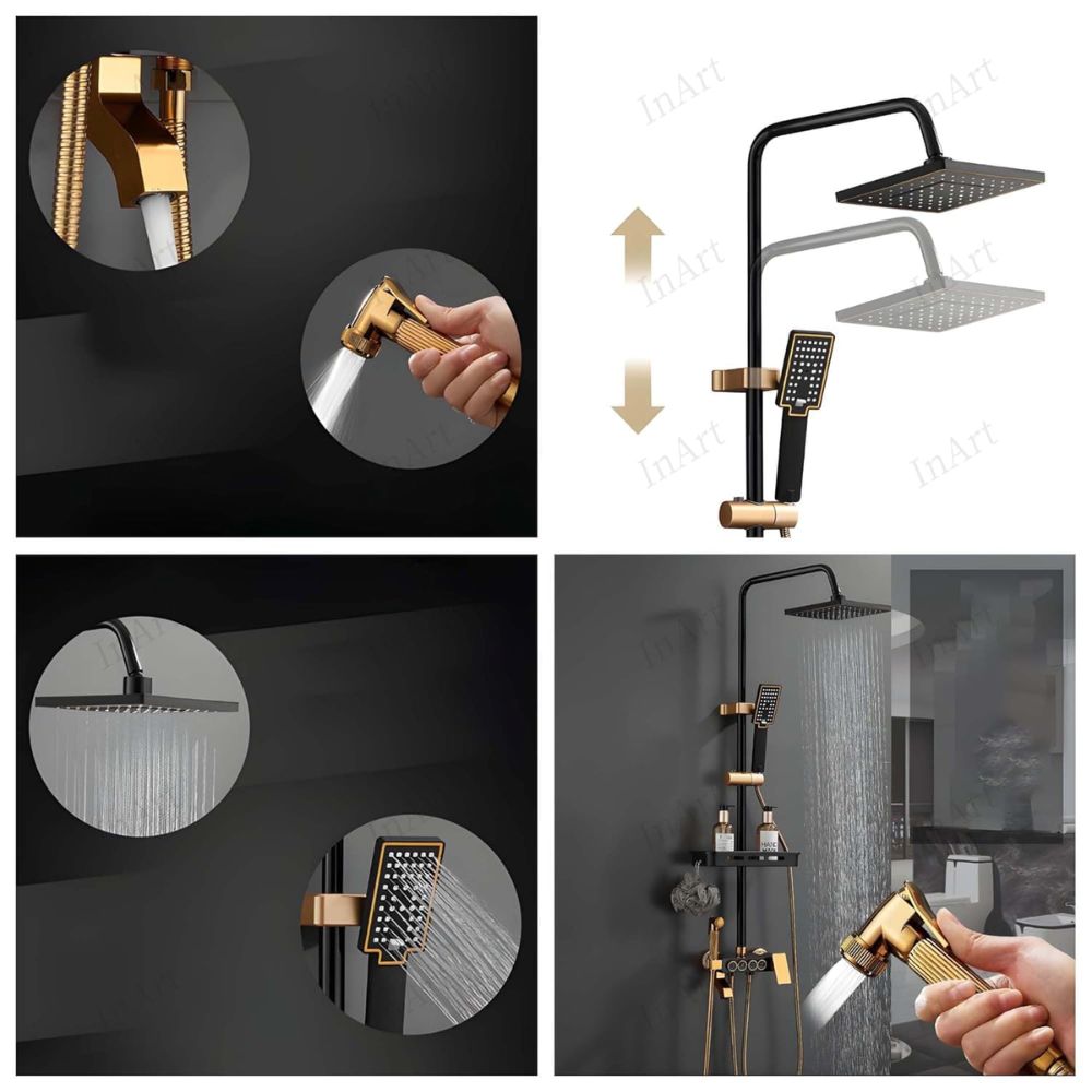 X-XONIER® Black and Gold Thermostatic Shower Panel System, 4-in-1 with Push Switches, Head Shower, Tub Spout, Handheld Bidet (Black Gold)