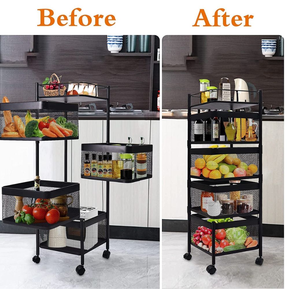 X-XONIER Rotating Kitchen Stand Trolley, Portable Storage Rack, Fruits and Vegetable Basket Organizer for Kitchen (Portable Storage Rack_4TRAY)