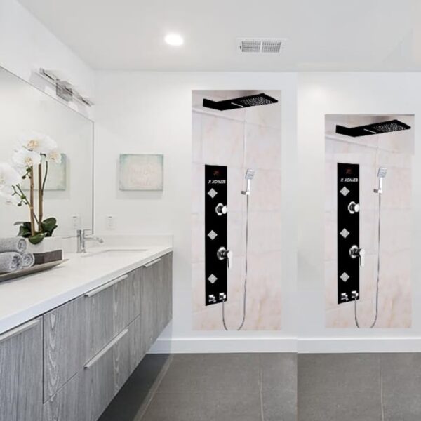 X-XONIER Stainless Steel 304 Grade Shower Panel 6 in 1 Modern Tower System With Rainfall and waterfall Shower Body Massage Spray SS Handheld Shower Temperature Display. (BLACK) - Image 3