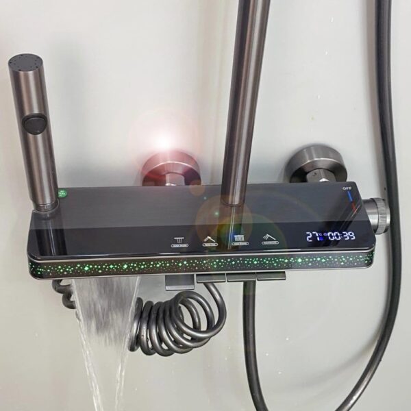 X-XONIER® Luxury thermostate Shower System, 4-in-1shower set with Large Overhead+3 Ways Hand Shower, 1 way biget gun and tub spout, Temperature Dispaly, Star Galaxy LED lights shower panel (grey) - Image 3