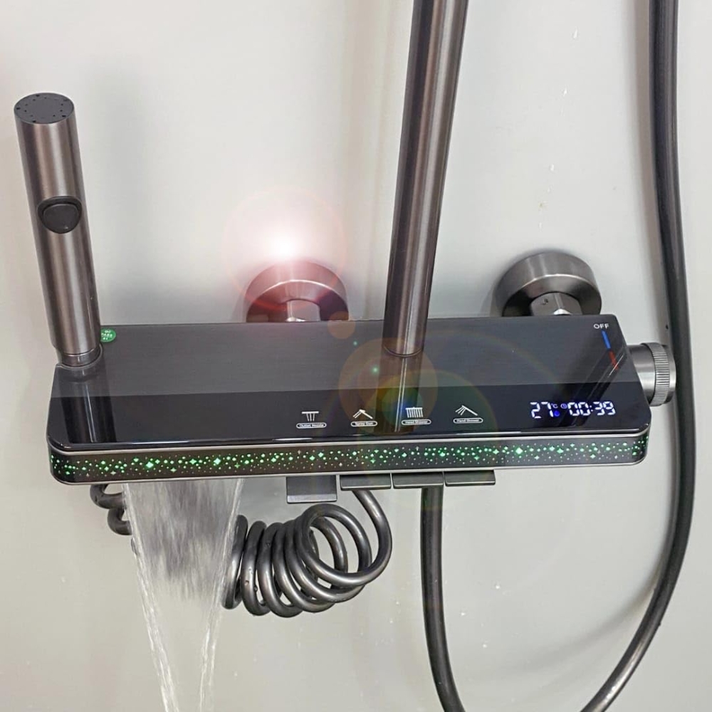 X-XONIER® Luxury thermostate Shower System, 4-in-1shower set with Large Overhead+3 Ways Hand Shower, 1 way biget gun and tub spout, Temperature Dispaly, Star Galaxy LED lights shower panel (grey) - Image 3