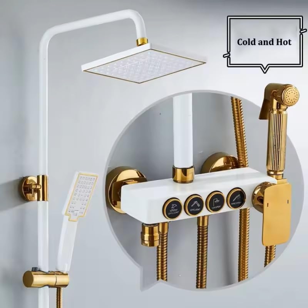 X-XONIER White and Gold Thermostatic Shower Panel System, 4-in-1 with Push Switches, Head Shower, Tub Spout, Handheld Bidet (white) - Image 3