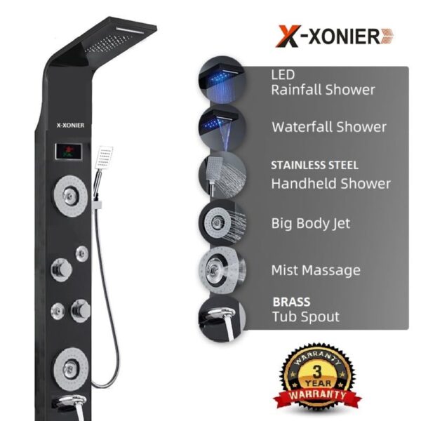 X-XONIER Stainless Steel 304 Grade Shower Panel 6in1 Tower System With LED Rainfall Shower Body Massage Spray SS Handheld Shower Temperature Display Easy Connect Shower Panel Mirror Finish Black - Image 6