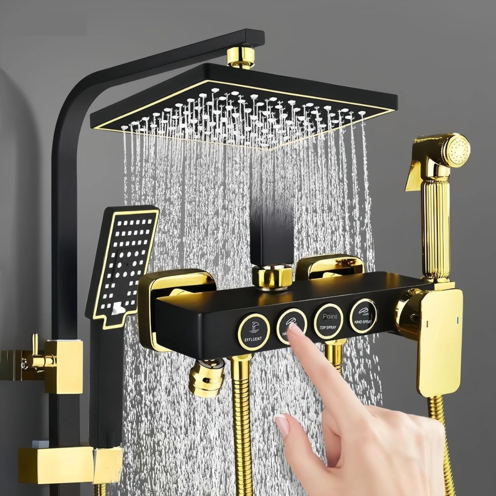 X-XONIER White and Gold Thermostatic Shower Panel System, 4-in-1 with Push Switches, Head Shower, Tub Spout, Handheld Bidet (black) - Image 3