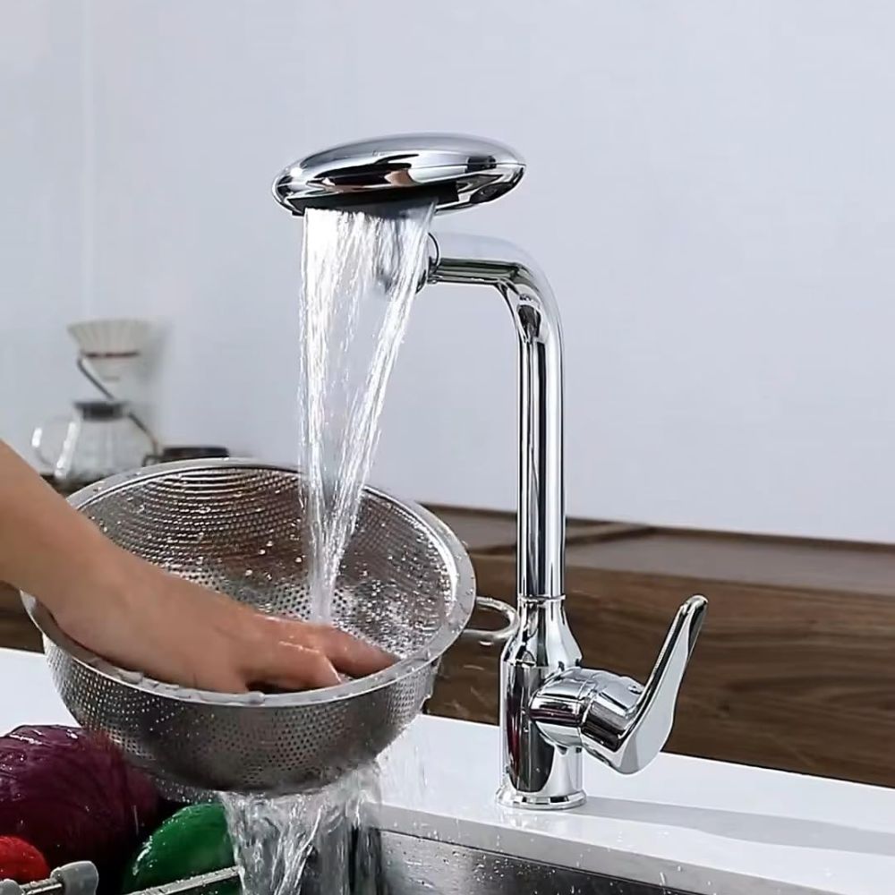 X-XONIER Waterfall 5 in 1 Pull Down Faucet 360° Rotating Single Handel Hot and Cold Mixer Long Neck for Sink Bathroom and Kitchen Black (Black)