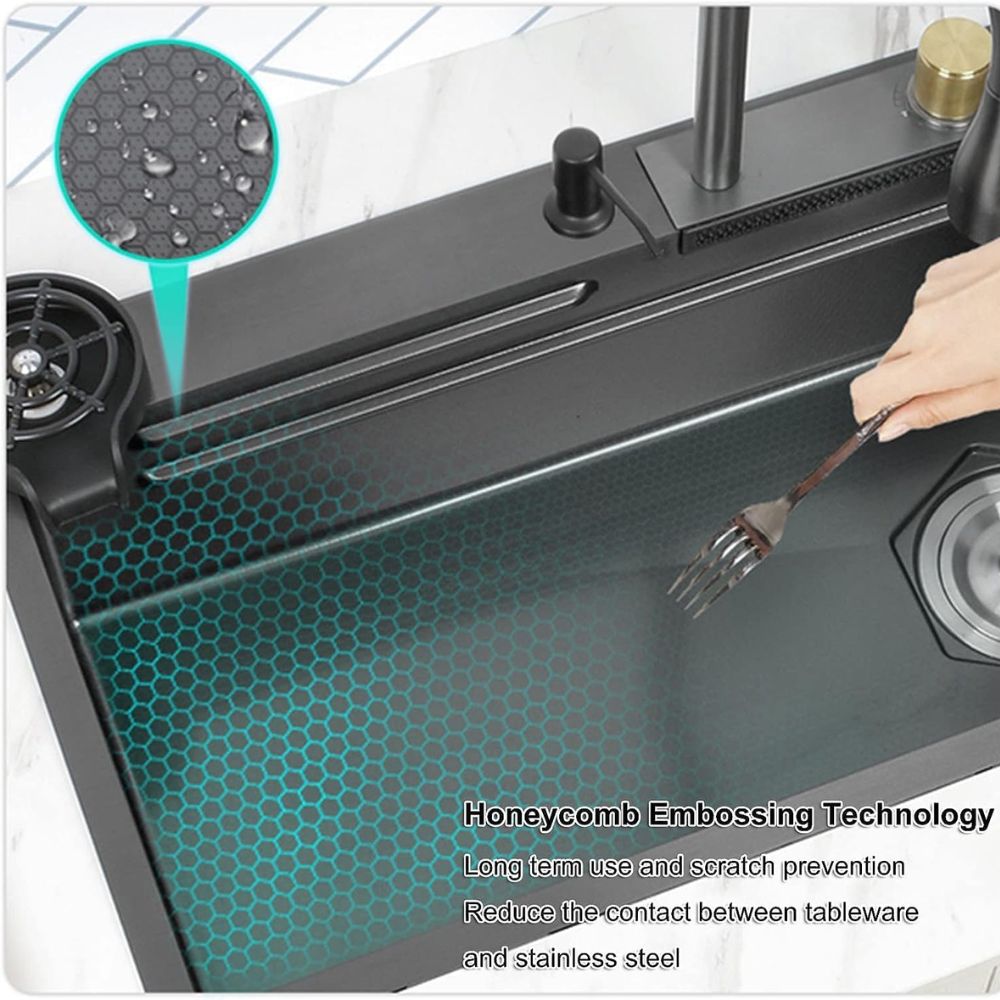 X-XONIER Kitchen Sink All In One 304 Grade Stainless Steel Multipurpose Multifunction 3 Mode Tap with Pullout Feature Glass Washer Soap Disp. Mini Sink Single Bowl Kitchen Sink (30x 20x 9)