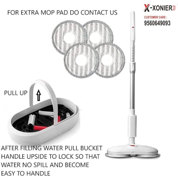 X-XONIER Plastic Smart Spin Electric Mop with Bucket & Dual Pad,Power Cleaning, Self Wash & Dry, Remote Operation, 360 Cleaning, Rechargeable & Replaceable Battery, Extra Pads Expendable Handle White