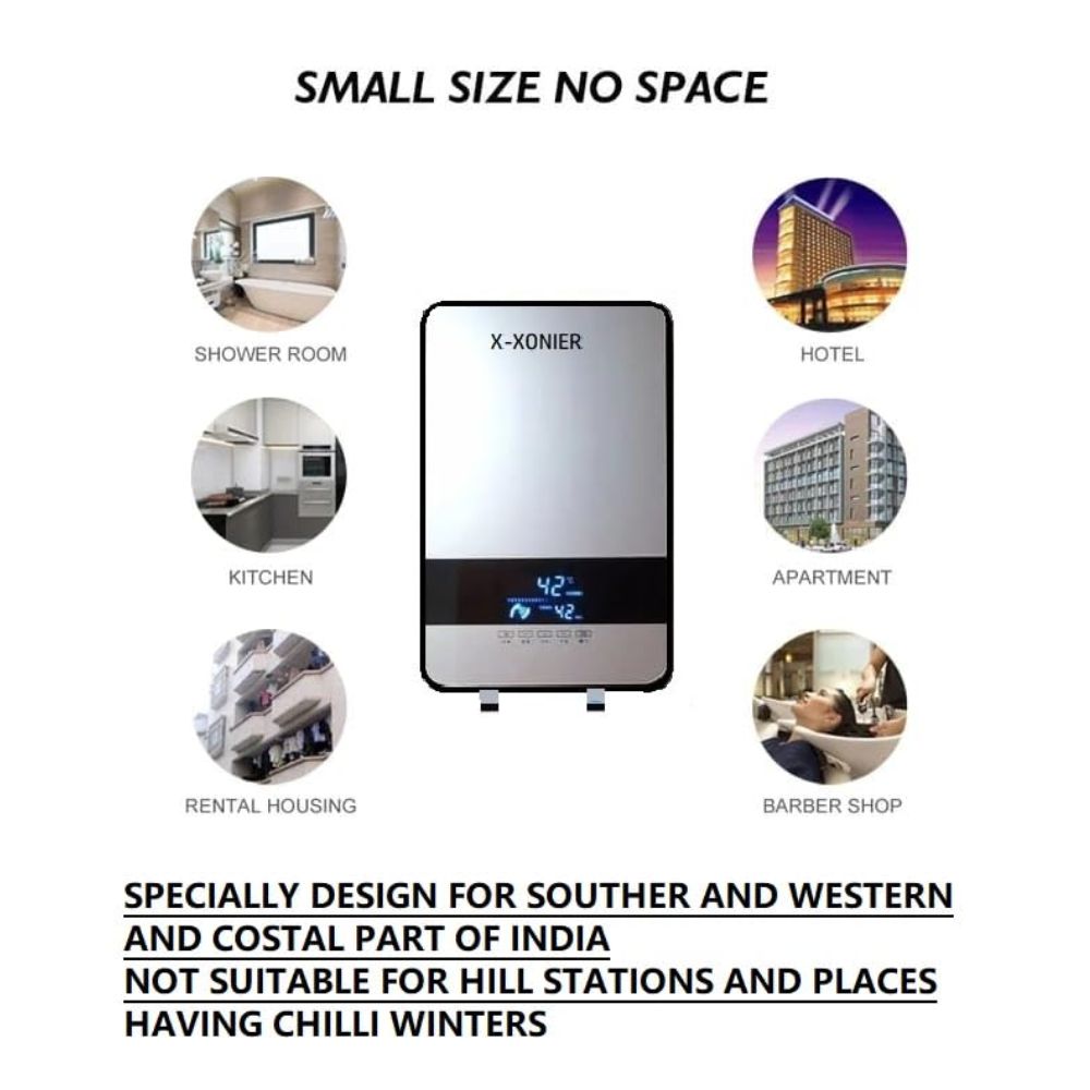X-Xonier INSTANT WATER HEATER (GEYSER) INDIA'S First Endless HOT Water Supply no Storage Required Advance Saftey feature Touch Panel Digital Temperature Display Fast Heating (WHITE)