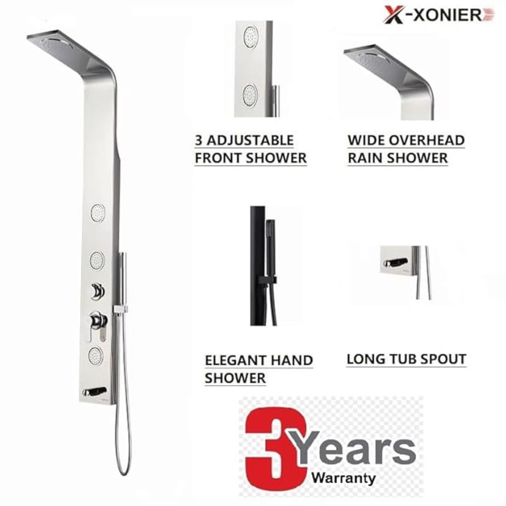 X-XONIER Stainless Steel 304 Grade Shower Panel 4-in-1 Tower System Rainfall Shower Body Massage Spray Handheld Shower Easy Connect Brushed Finish Silver
