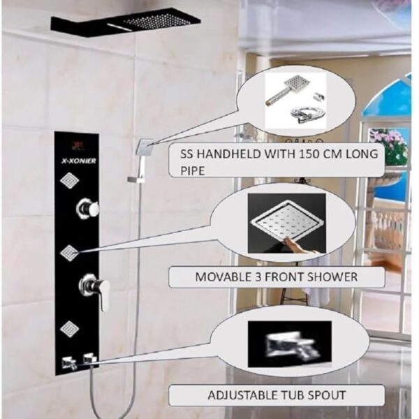 X-XONIER® Stainless Steel 304 Grade shower Panel 6 in 1 Tower System With Led Rainfall Shower Body Massage Spray SSHandheld shower Temperature Display.(Rose Gold)