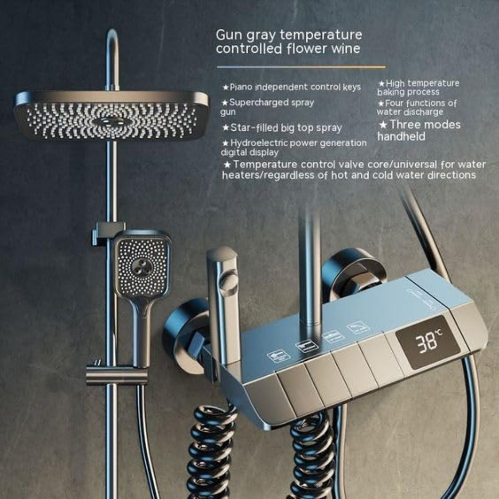X-XONIER® Digital Thermostatic Brass Shower System, Wall Mount, 4-Function Digital Display with Overhead Rain Shower, 3 Ways Hand Shower, Body Jets, Hidden Tub Spout Hot & Cold Mixer, Grey