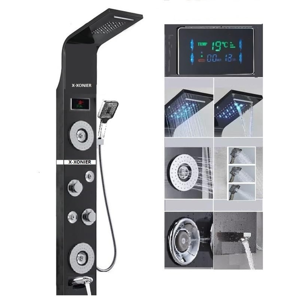 X-XONIER® Stainless Steel 304 Grade Shower Panel 6in1+ Extra Large 3Ways Hand Shower Tower System With LED Rainfall Waterfall Shower 2Body Massage 4Mist Spray Temperature Display Shower Panel.(Black) - Image 4