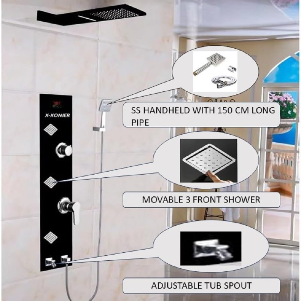X-XONIER Stainless Steel 304 Grade Shower Panel 6 in 1 Modern Tower System With Rainfall and waterfall Shower Body Massage Spray SS Handheld Shower Temperature Display. (BLACK) - Image 4